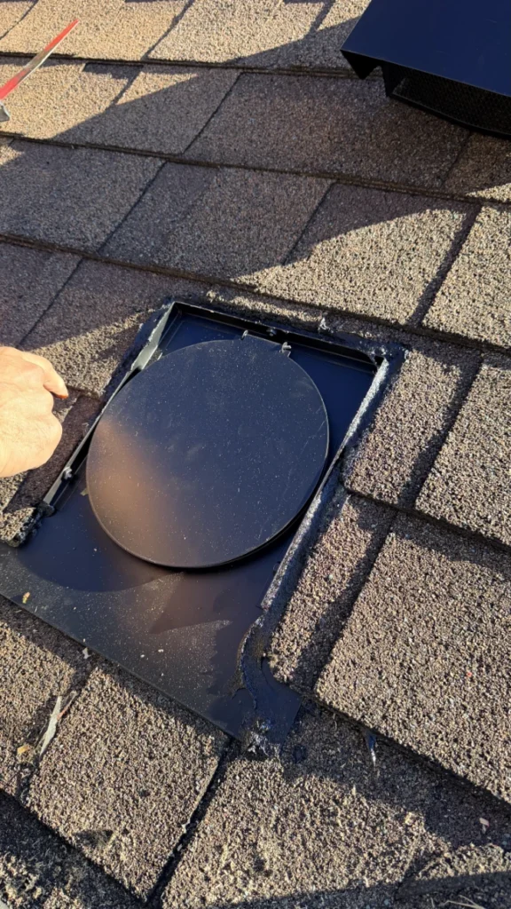 Roof vent flashing set over the new duct opening