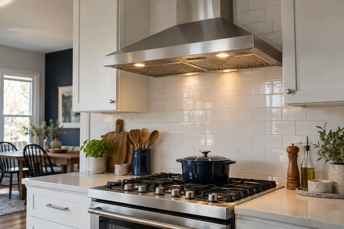 Range hood venting: ducted or recirculating, and why it matters range hood white kitchen Stainless steel range hood above a gas stove in a white kitchen with subway tile