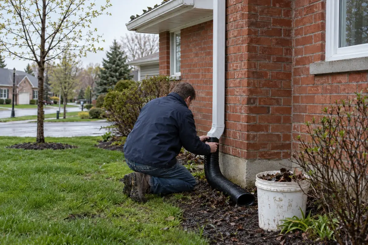 Spring seasonal home maintenance. Technician attaching a downspout extension to carry water away from the foundation