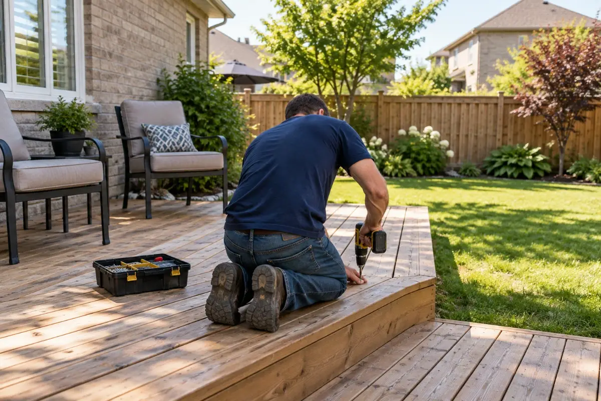 Summer seasonal home maintenance. Technician tightening deck board screws with a cordless drill on a backyard deck
