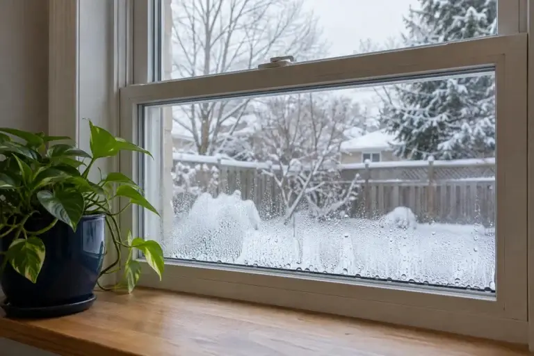 Water droplets along the bottom of a window on the inside with a snowy backyard outside