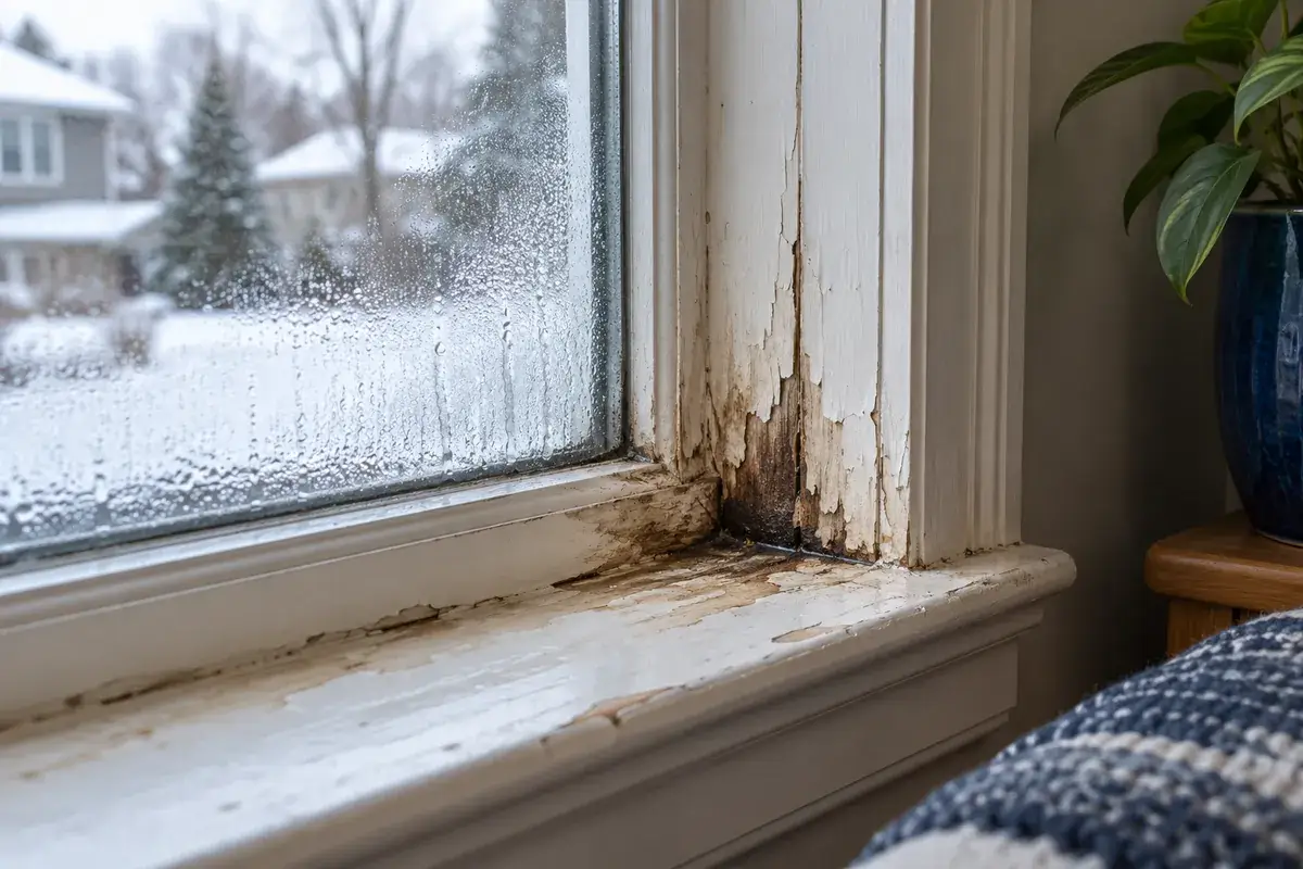 Painted wooden window sill with peeling paint and dark water stains in the corner