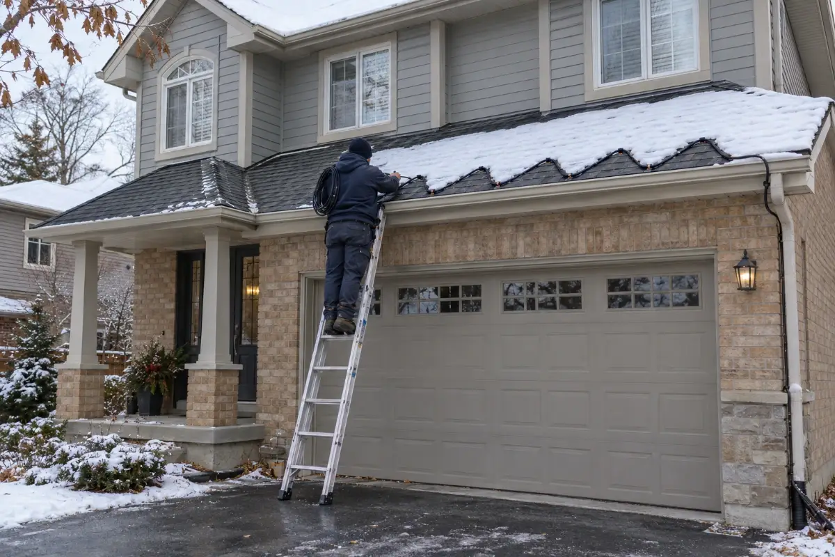 Winter seasonal home maintenance. Technician installing de-icing cables along the snowy roof edge of an Ontario house