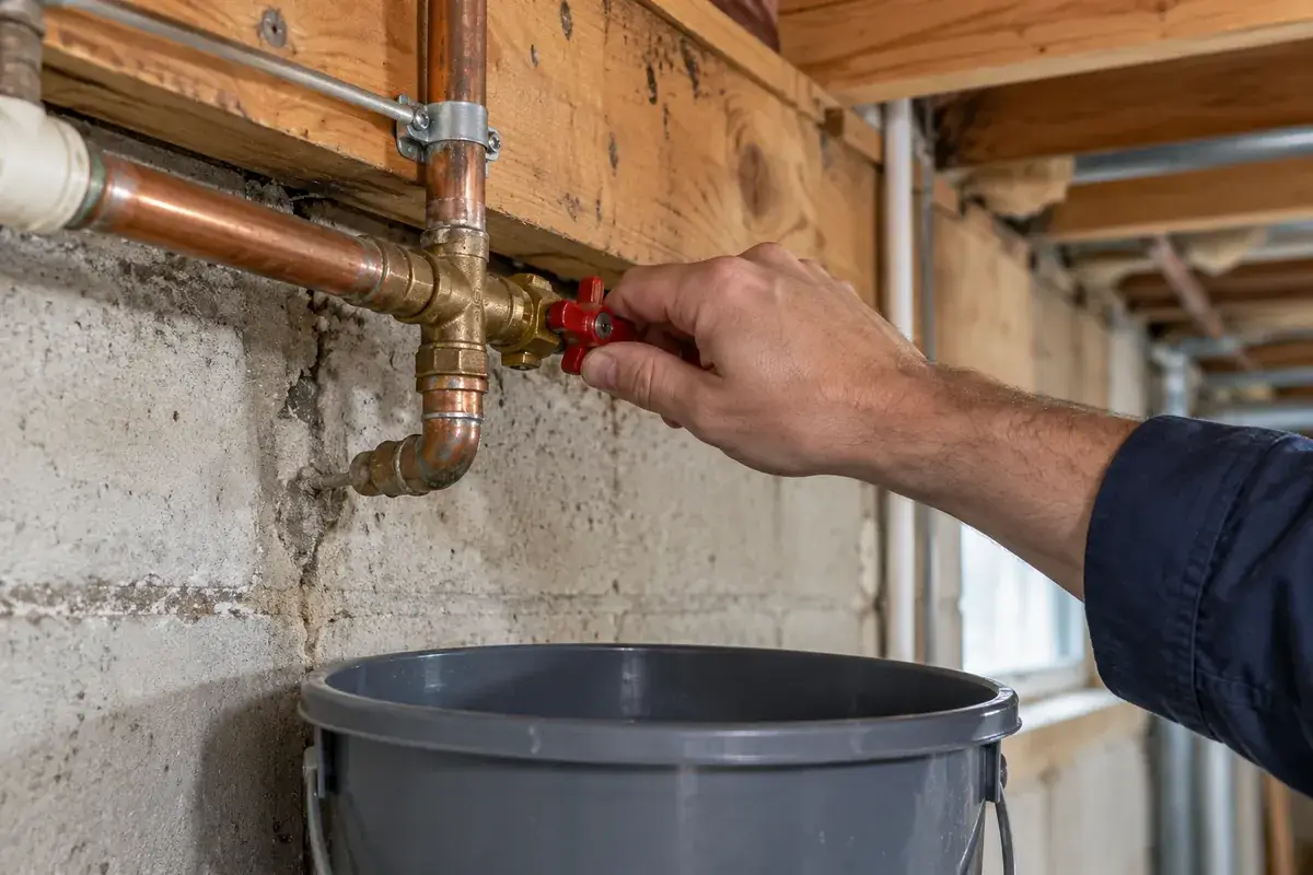 Hand closing a red shut-off valve on a copper pipe inside a basement, with a bucket underneath