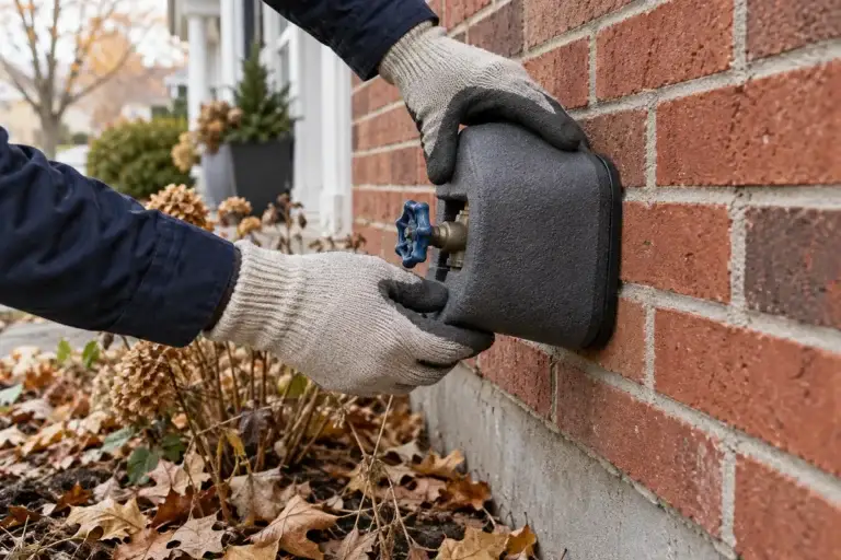 Gloved hands fitting a foam insulated cover over an outdoor faucet on a red brick wall in the fall