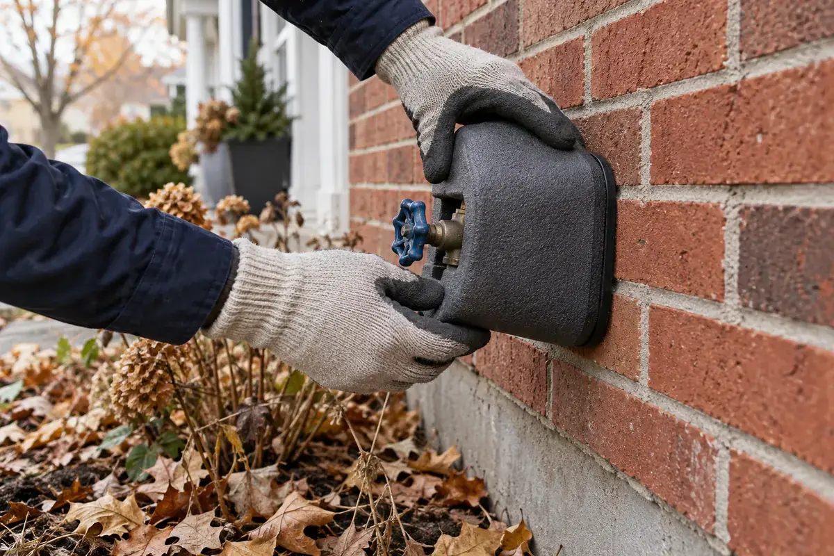 Gloved hands fitting a foam insulated cover over an outdoor faucet on a red brick wall in the fall
